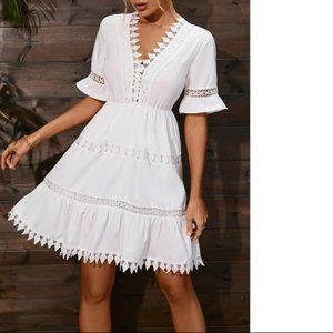 New SHEIN Women's Size 4 White Guipure Lace Flounce Sleeve Ruffle Hem Dress S